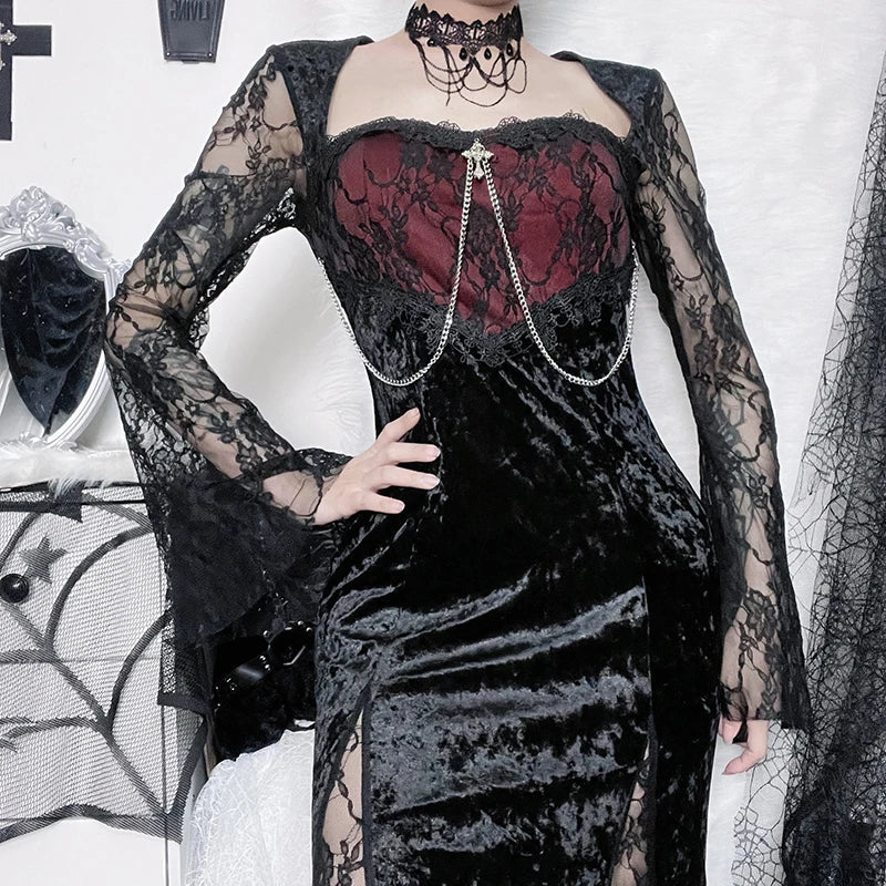 Burgundy Velvet Lace-Insert Maxi Dress