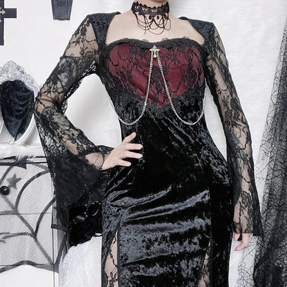 Burgundy Velvet Lace-Insert Maxi Dress