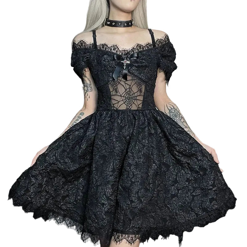 Women's Black Jacquard Spiderweb Mini Dress - primary photo, shown with a person (1 of 2)