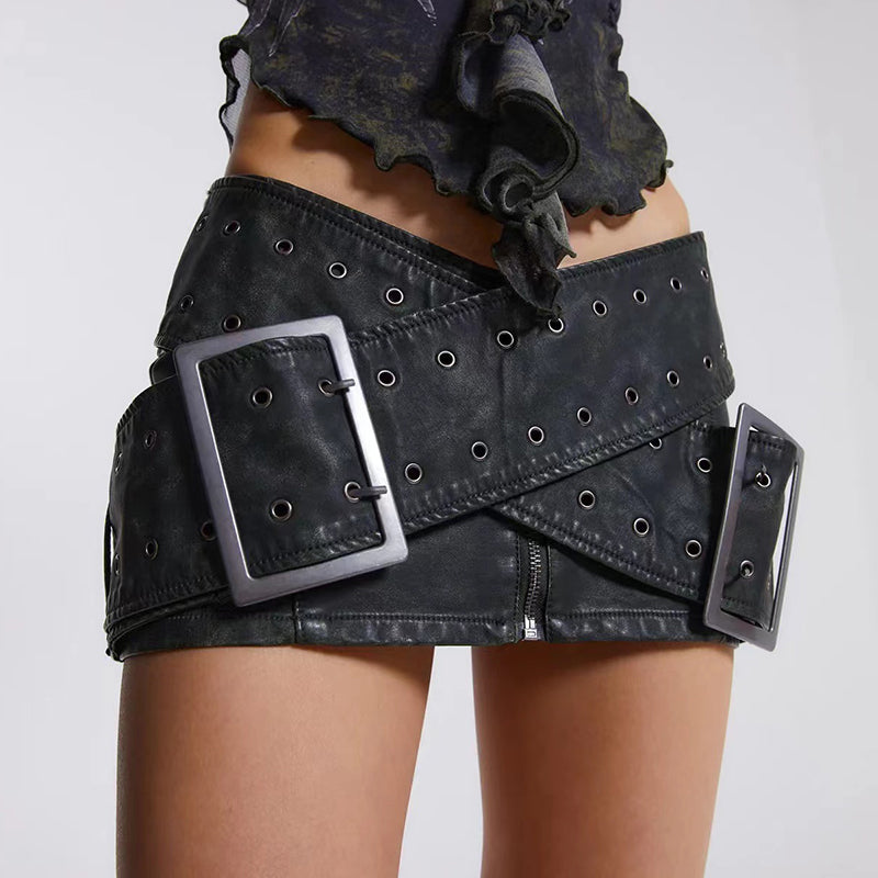 Women's Black Faux Leather Double-Buckle Mini Skirt - primary photo, shown with a person (1 of 3)