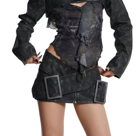 Black Double-Buckle Mini Skirt