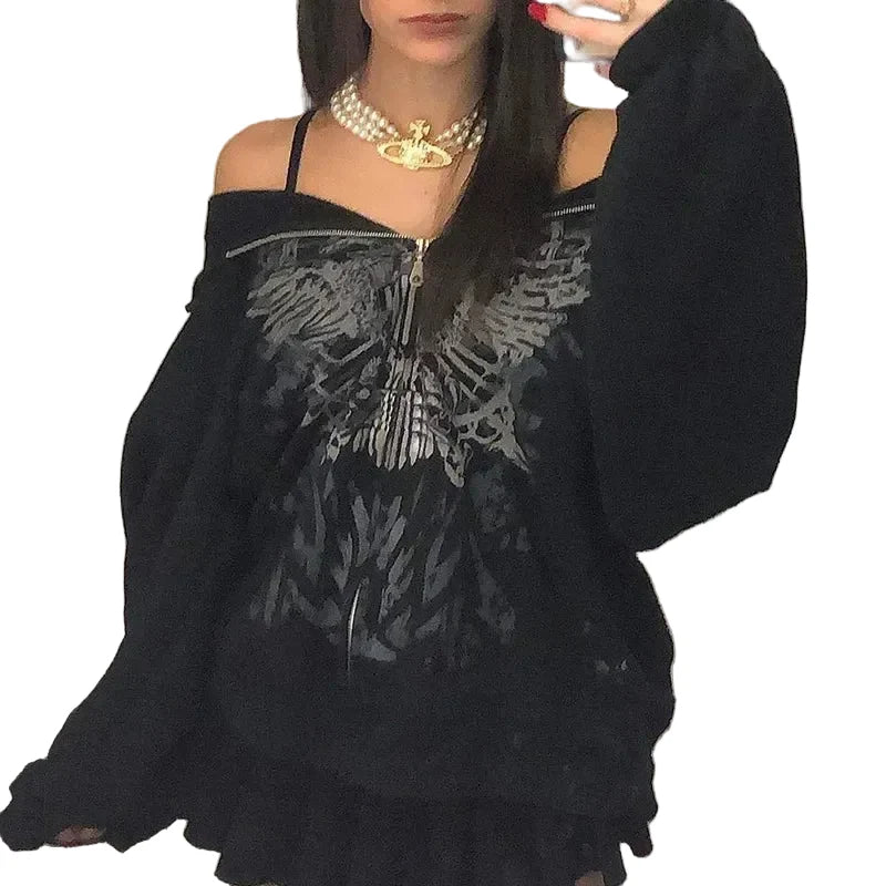 Women's Black Skeleton Zip Hoodie - primary photo, shown with a person (1 of 2)