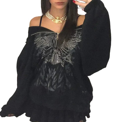 Women's Black Skeleton Zip Hoodie - primary photo, shown with a person (1 of 2)