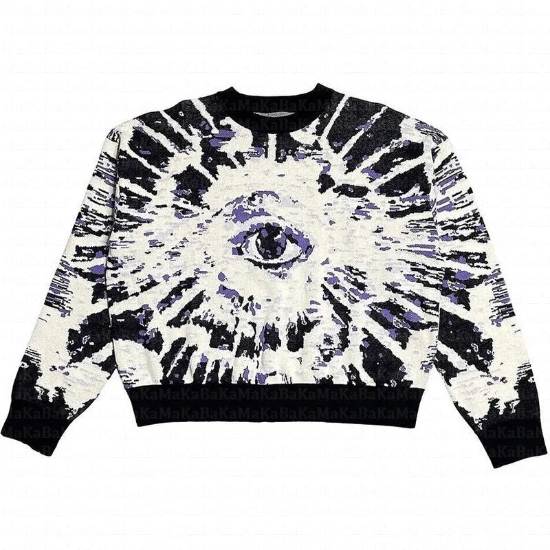 Unisex White Black Eye Sunburst Knit Pullover - front studio view