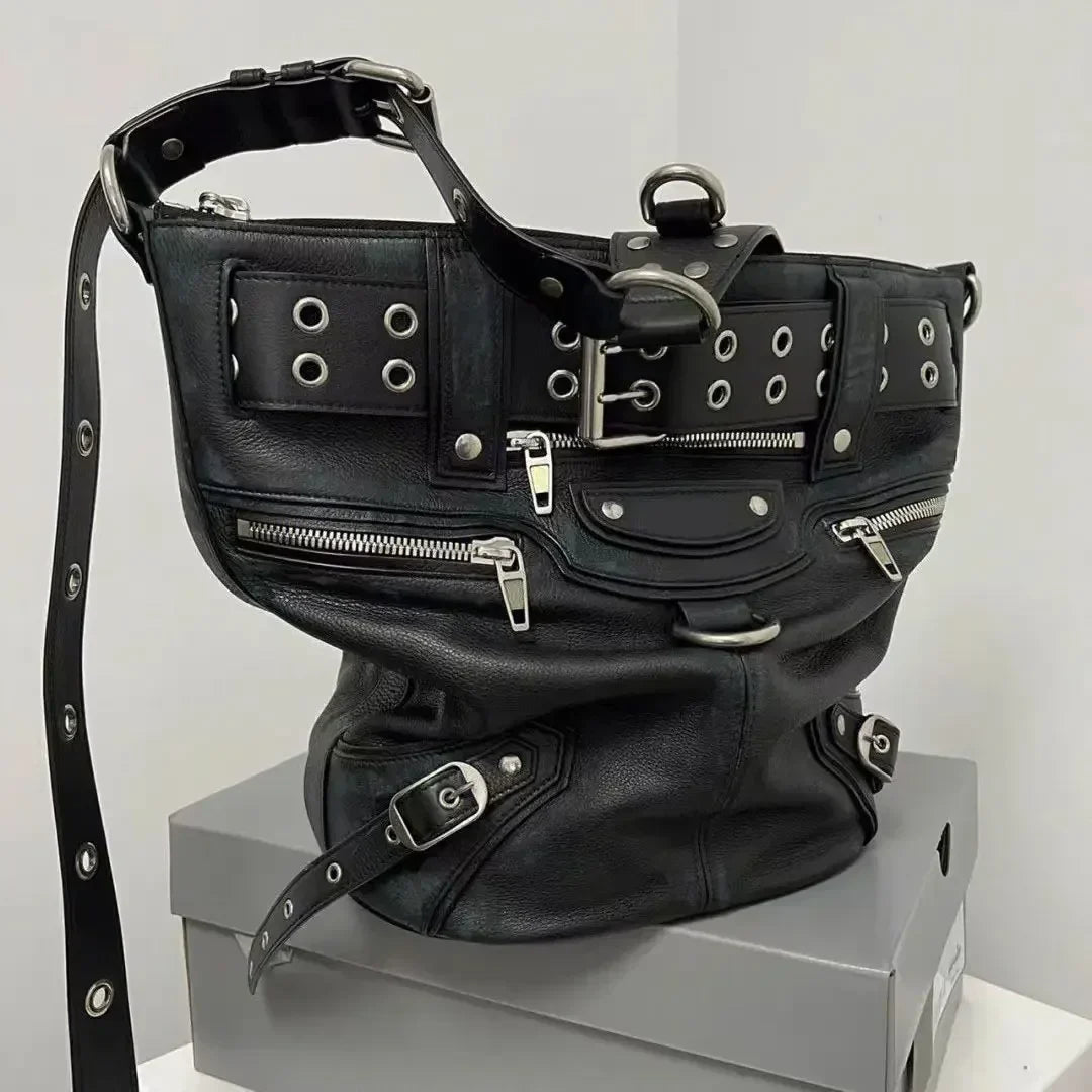 Women's Black Eyelet Biker Crossbody Bag - alternate studio view (3 of 4)