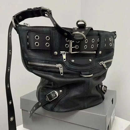 Women's Black Eyelet Biker Crossbody Bag - alternate studio view (3 of 4)