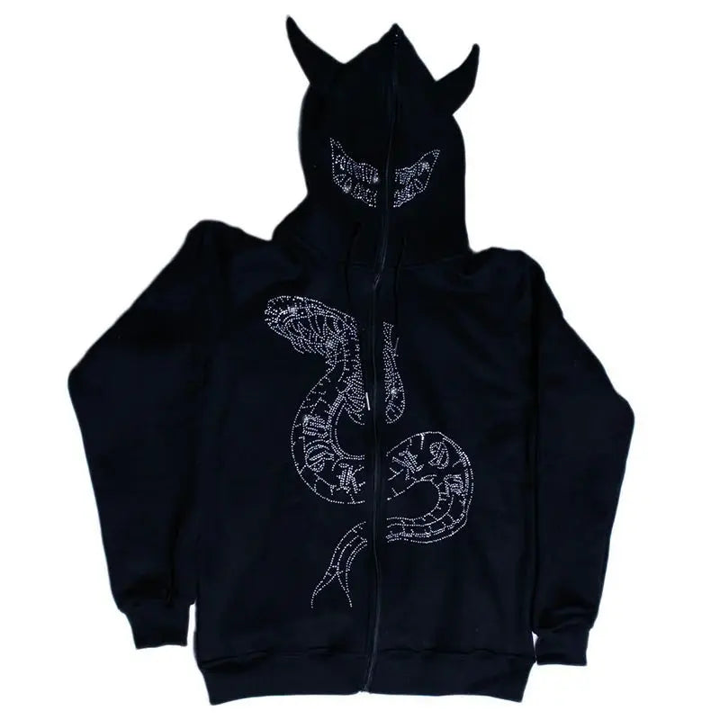Unisex Black Rhinestone Snake Horn Zip Hoodie - front studio view
