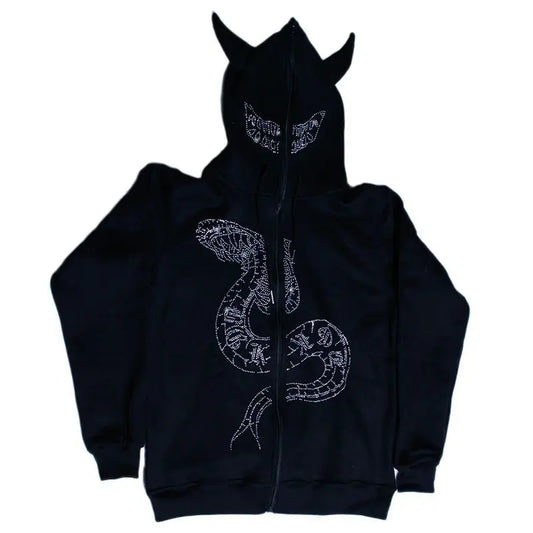 Unisex Black Rhinestone Snake Horn Zip Hoodie - front studio view