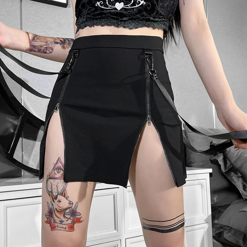 Women's Black Dual-Zip Harness Mini Skirt - primary photo, shown with a person (1 of 3)