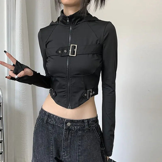 Black Gothic Buckle Crop Zip Hoodie