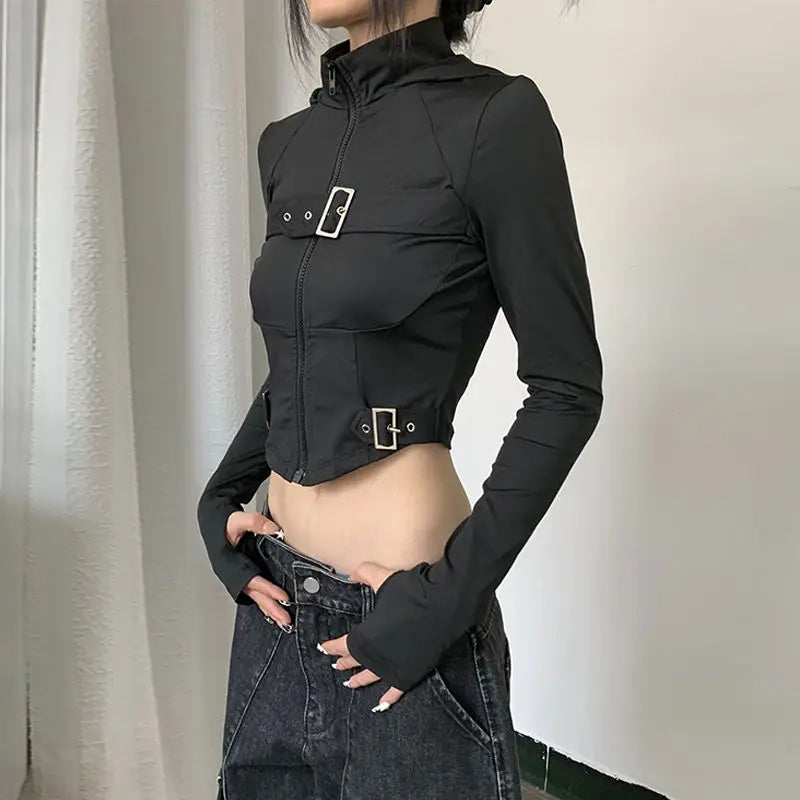 Black Gothic Buckle Crop Zip Hoodie