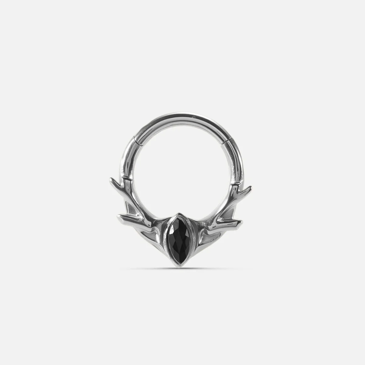 Silver Antler Mark Clicker with black obsidian stone and reduced antler form