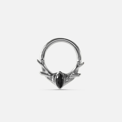 Silver Antler Mark Clicker with black obsidian stone and reduced antler form