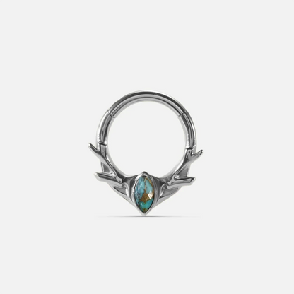 Antler Mark Clicker in polished titanium with turquoise marquise stone and sculpted antler design