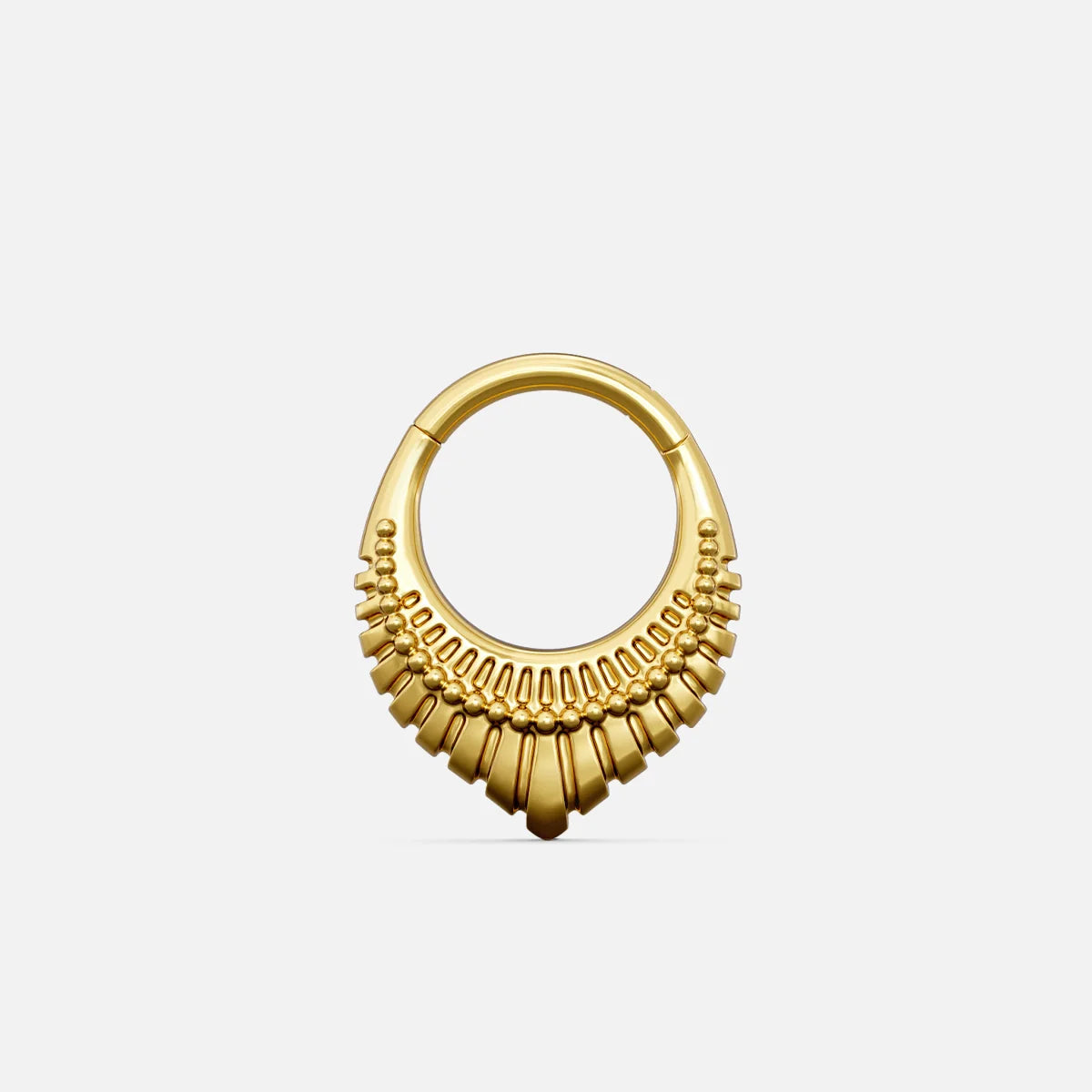 Gold-tone Artisan Inspired Clicker with a rounded ring and layered fan-shaped decorative accents.