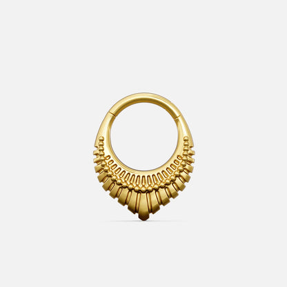 Gold-tone Artisan Inspired Clicker with a rounded ring and layered fan-shaped decorative accents.