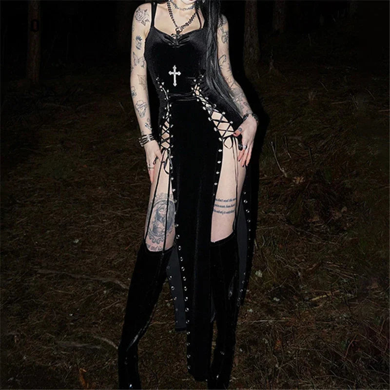 Cross Lace-Up Gothic Maxi Dress - primary photo, shown with a person (1 of 2)