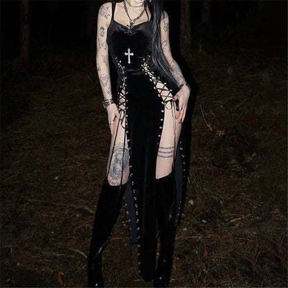 Cross Lace-Up Gothic Maxi Dress - primary photo, shown with a person (1 of 2)
