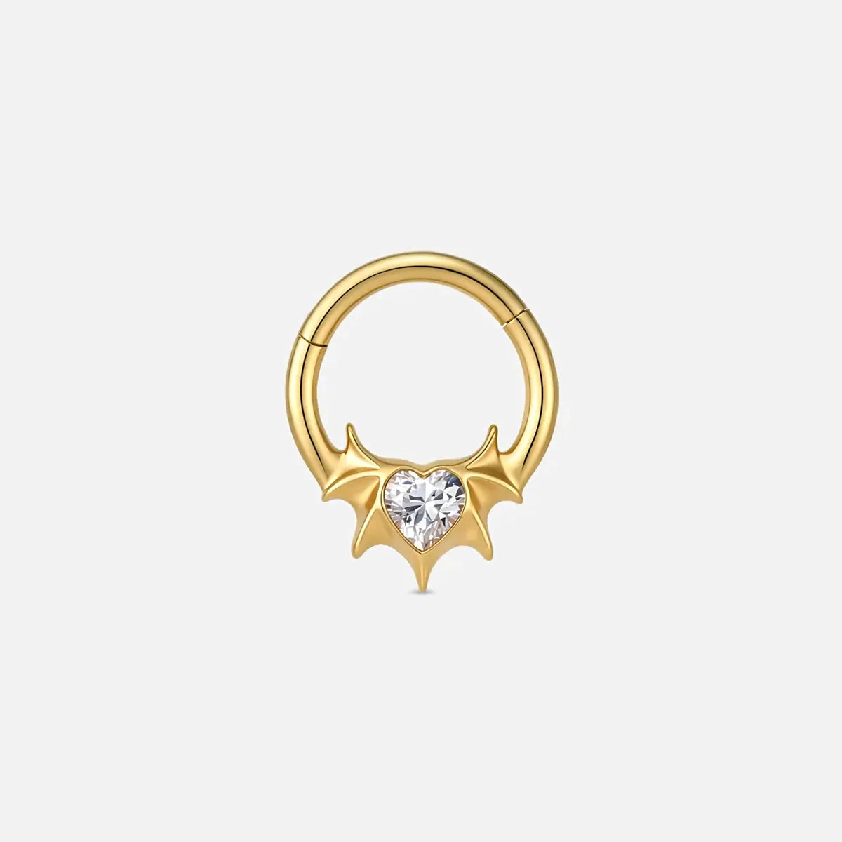 Gold batwing heart titanium clicker with clear cubic zirconia, product view 2 – PUNKYOUTH