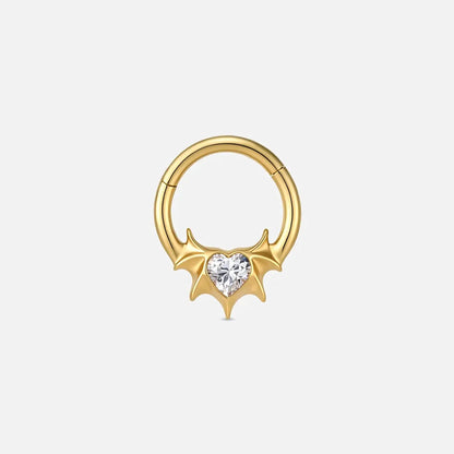 Gold batwing heart titanium clicker with clear cubic zirconia, product view 2 – PUNKYOUTH