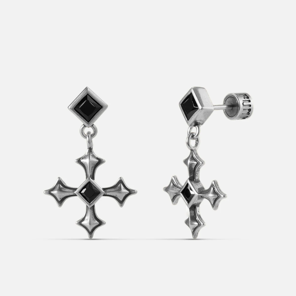 Black Testament Earrings in antiqued silver with gothic cross motifs and black obsidian, shown as a pair on white.