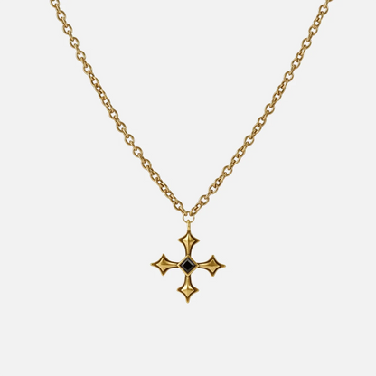 Black Testament Necklace in antiqued 18K gold with a gothic cross pendant and black obsidian, shown full length on white.