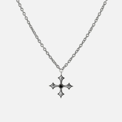 Black Testament Necklace in antiqued silver with a gothic cross pendant and black obsidian, shown full length on white.