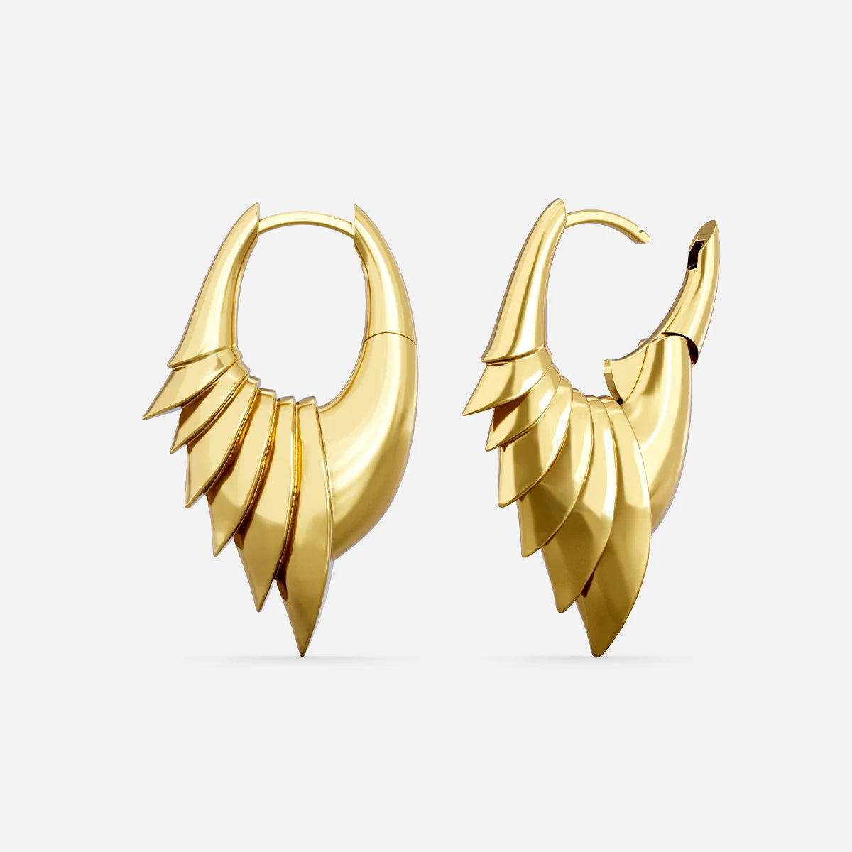 Pair of gold-tone wing hoop earrings shown front and side, one clasp open