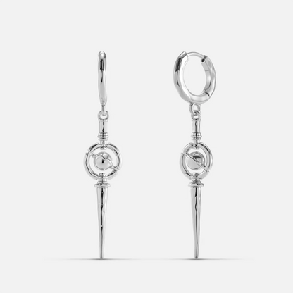 Celestial Orbit Earrings in 925 sterling silver, pair shown front and back on white, featuring a circular orbit charm and lon