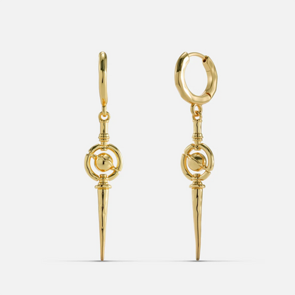 Pair of gold Celestial Orbit hoop earrings with circular accents and pointed drops