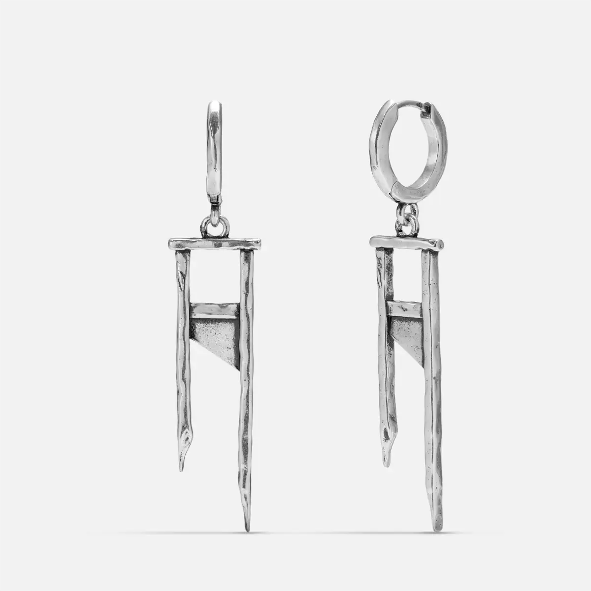 Chic Guillotine Earrings in 925 sterling silver, pair shown front and back on white, featuring long guillotine-frame drops on