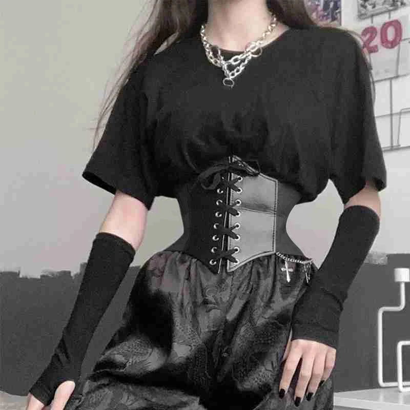 Women's Black Faux Leather Lace-Up Corset Belt - flat lay (1 of 3)