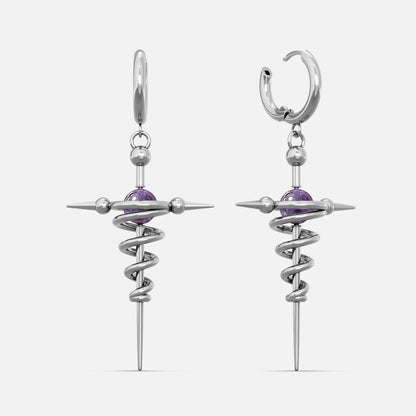 Silver-tone cosmic flow earrings featuring a coiled spike and a purple bead accent, shown as a pair