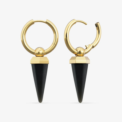 Gold-tone hoop earrings with black spike drops displayed side by side