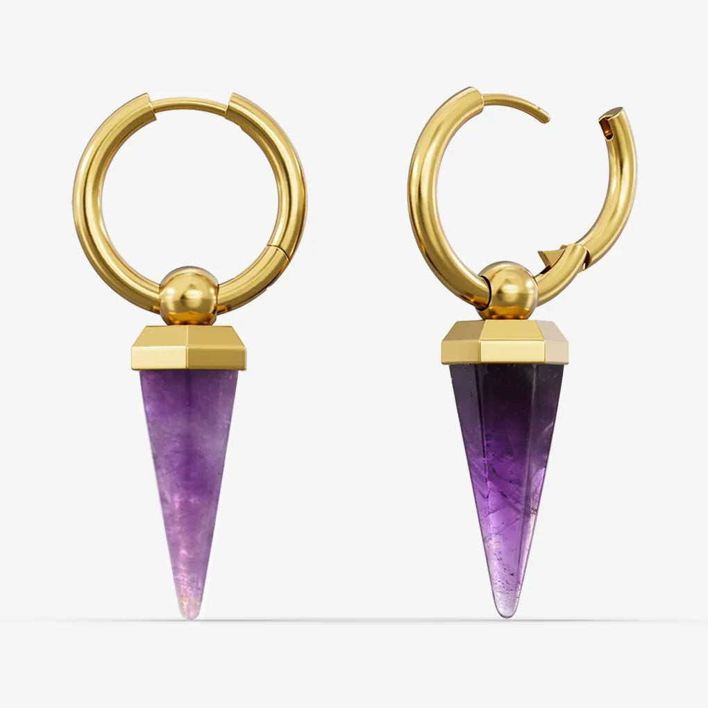 Pair of gold-tone Crystal Prismatic hoop earrings shown closed and open with purple crystal points