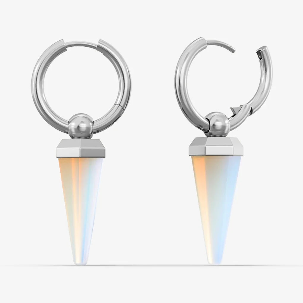 Pair of silver-tone Crystal Prismatic hoop earrings shown closed and open with iridescent crystal points