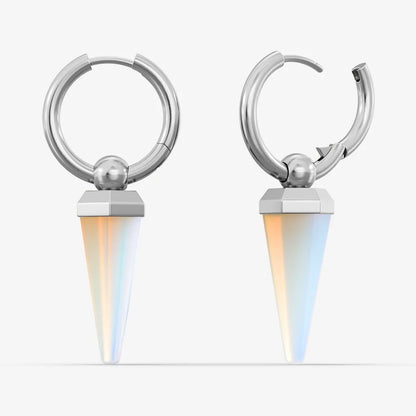Pair of silver-tone Crystal Prismatic hoop earrings shown closed and open with iridescent crystal points