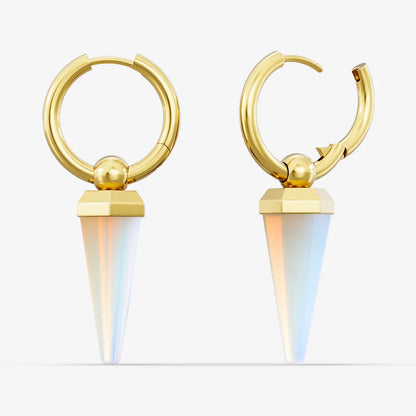 Pair of gold-tone Crystal Prismatic hoop earrings shown closed and open with iridescent crystal points