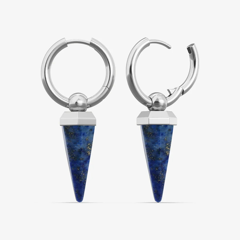 Silver-tone hoop earrings with blue crystal spike drops shown as a front-facing pair