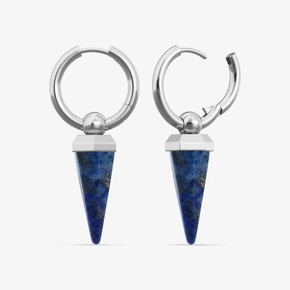 Silver-tone hoop earrings with blue crystal spike drops shown as a front-facing pair