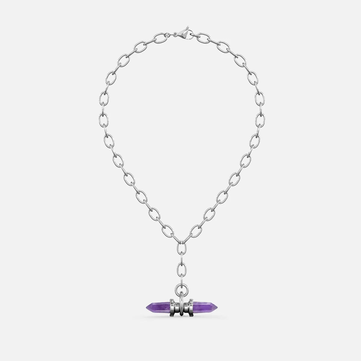 Silver-tone chain necklace with a purple crystal prism pendant wrapped in metal rings, shown flat against a plain background