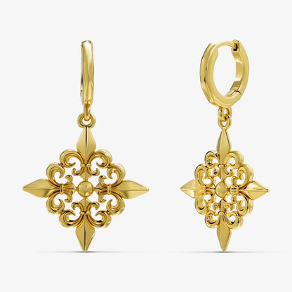 Gold-tone Fleur-de-Lis Elegance hoop earrings shown from front and side with scrolling geometric drops