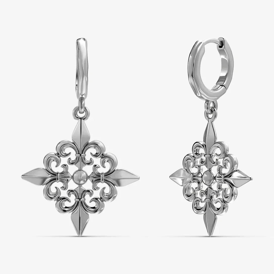 Silver-tone Fleur-de-Lis hoop earrings with ornate cross pendants and side spikes