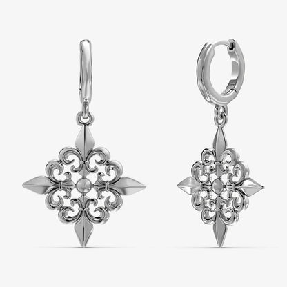 Silver-tone Fleur-de-Lis hoop earrings with ornate cross pendants and side spikes