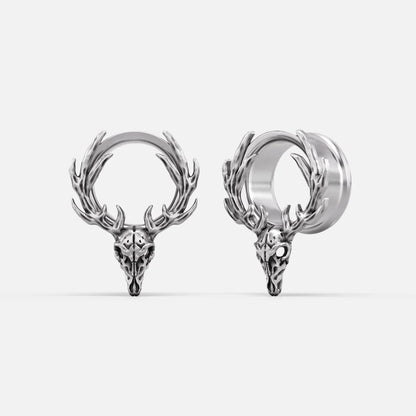 Silver-tone deer skull hoop earrings with antler details shown from front and side angles