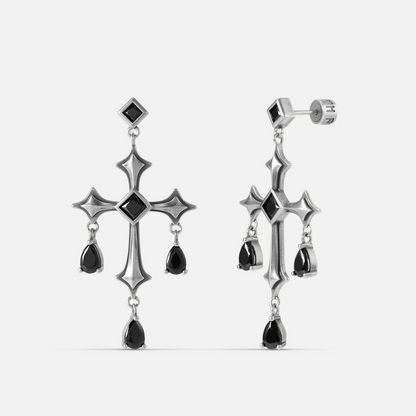 Forsaken Vow Earrings in antiqued silver with gothic cross-inspired drops and black obsidian, shown as a pair on white.