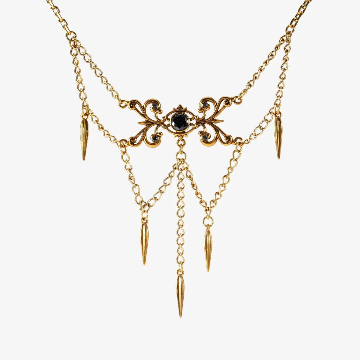 Gold-tone Gothic Cascade layered necklace with a black center stone and multiple spike drops