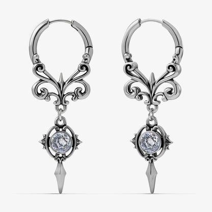 Silver-tone Gothic Crest hoop earrings with ornate scrollwork, clear stones, and pointed drops