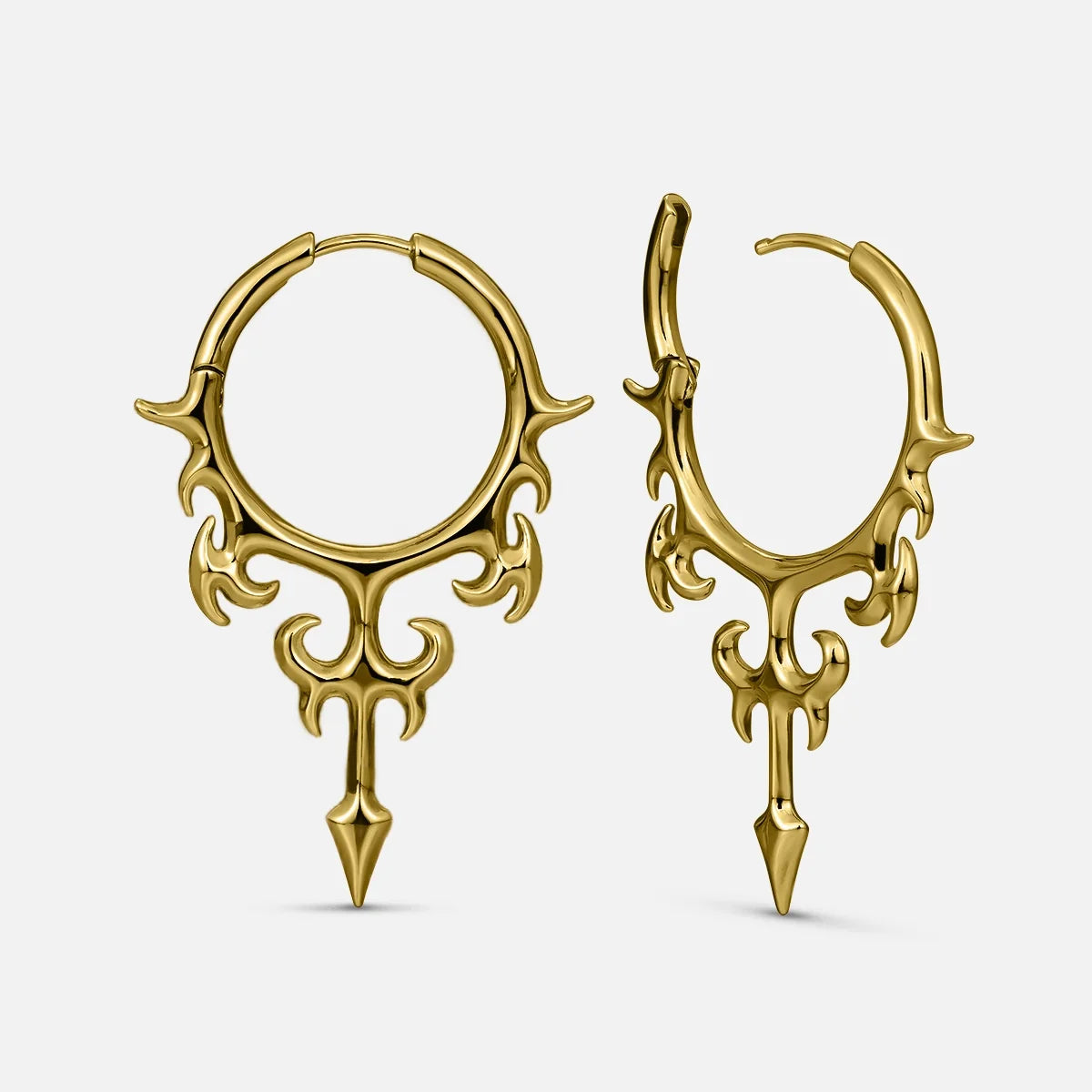 Pair of gold Hellflame Blade hoop earrings with flame scrollwork and pointed drops