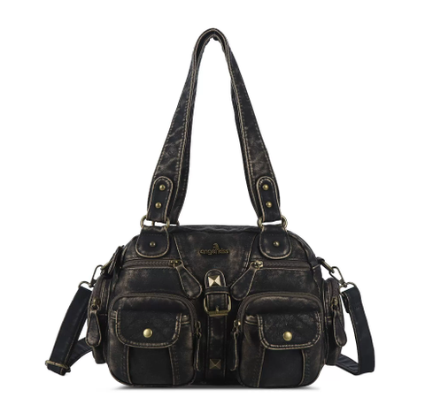 Women's Distressed Black Multi-Pocket Shoulder Bag - front studio view (1 of 2)